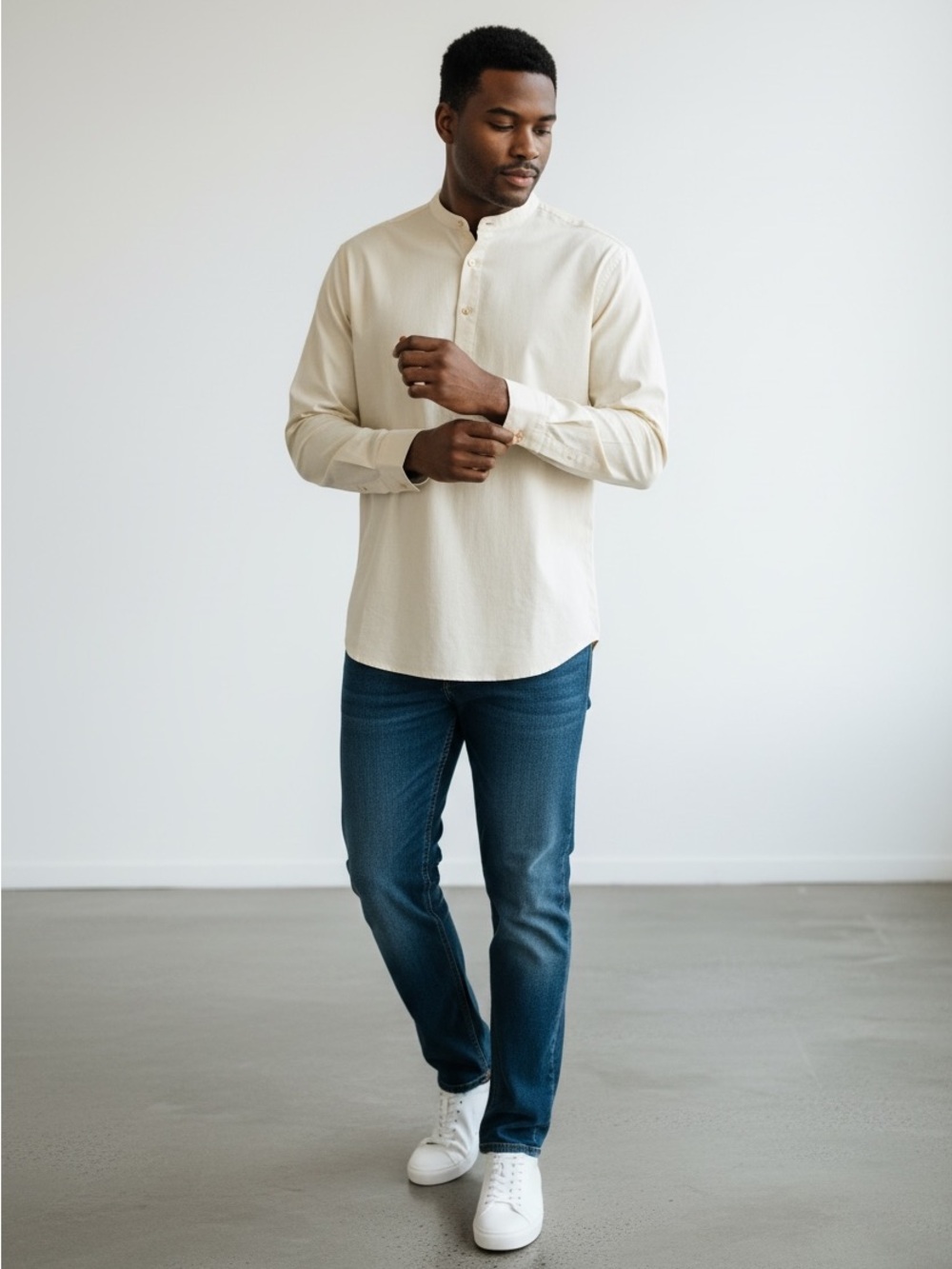 Band Collar Cotton Linen Blend Long Adjustable Sleeve Shirt Wheat S but runs Med